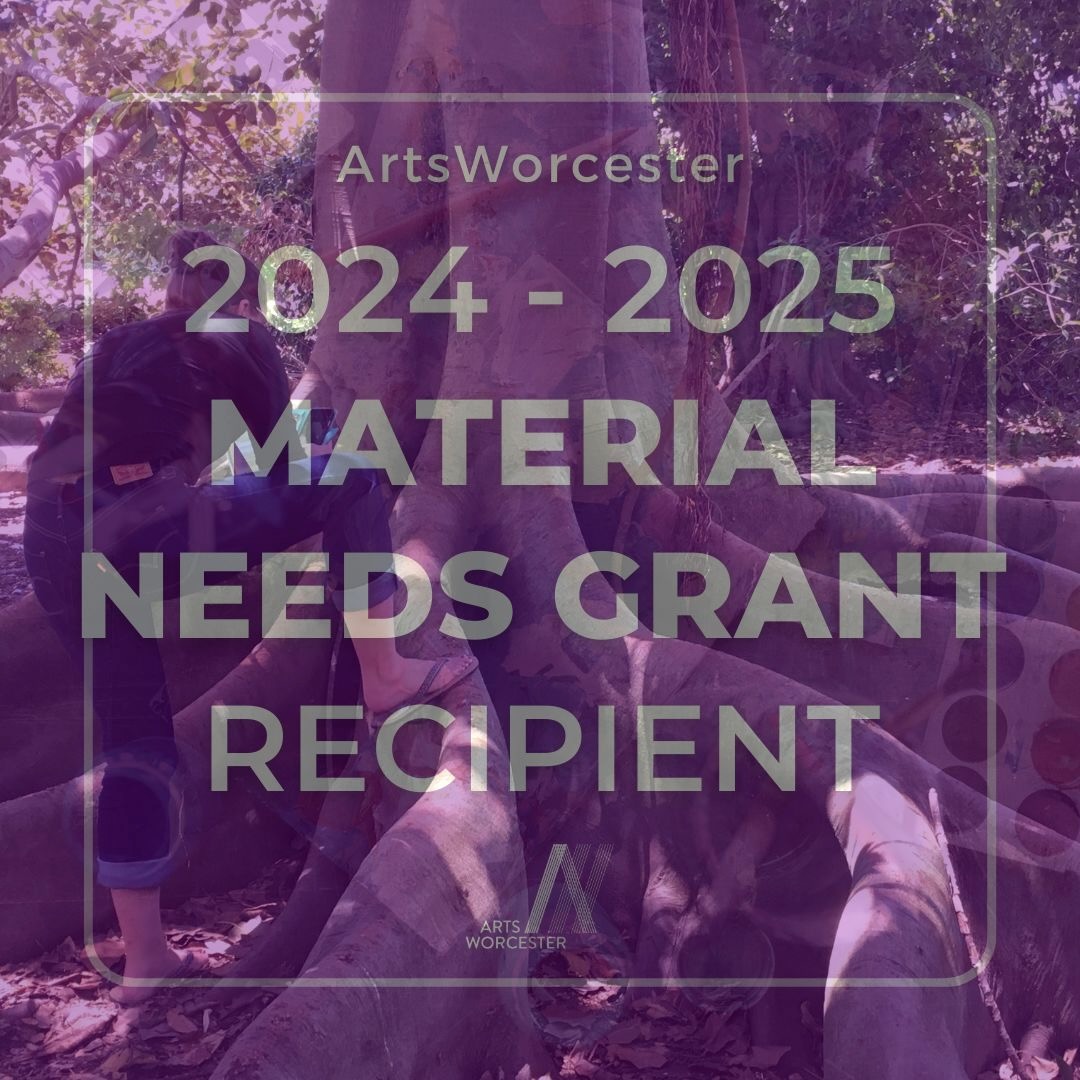 A purple square reads ArtsWorcester 2024-2025 Material Needs Grant Recipient, a grant set by an anonymous donor in Worcester County, Massachusetts. The square is semi-transparent and overlaid with a photo of the artist, Alana Garrigues, from behind, photographing very large tree root system of a ficus tree growing in a grove at the South Coast Botanic Garden in Torrance, California. The photo was taken by the artist's mother in 2019.